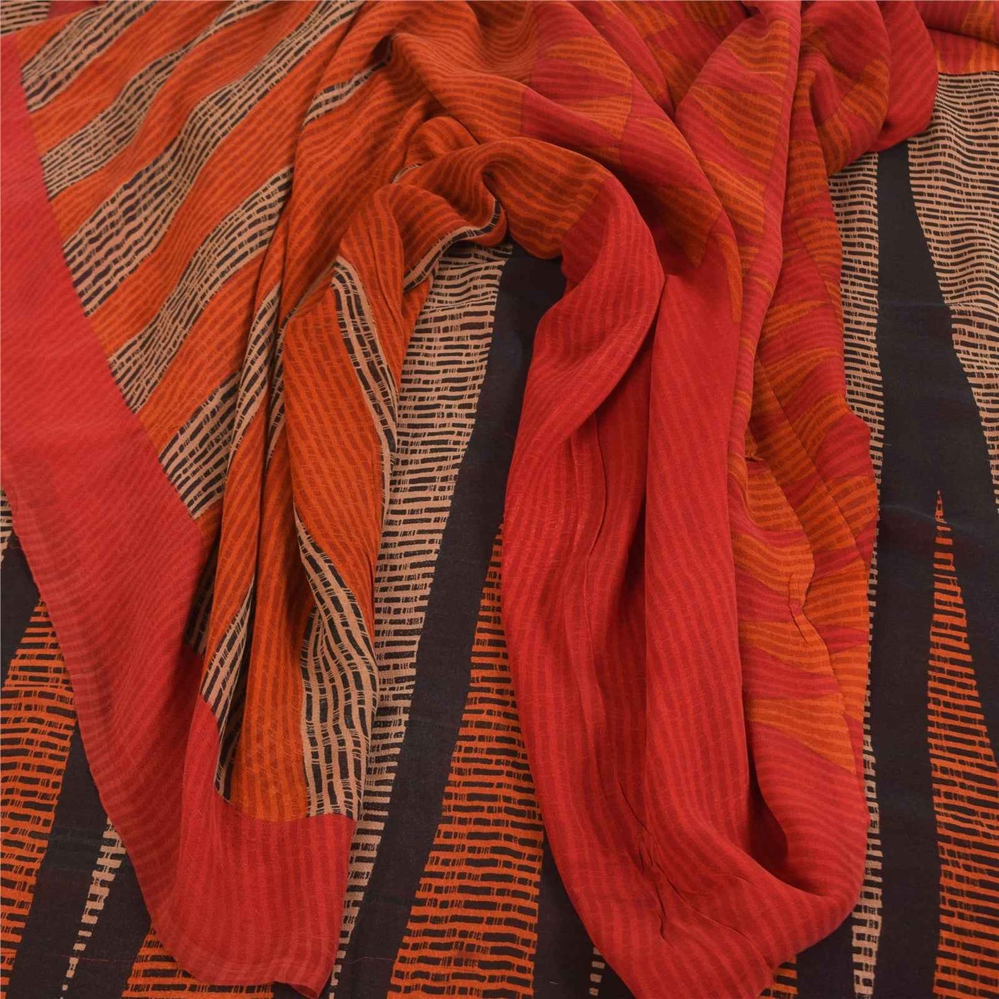 Sanskriti Vintage Sarees Red & Orange Pure Georgette Silk Print Sari 6yd Fabric