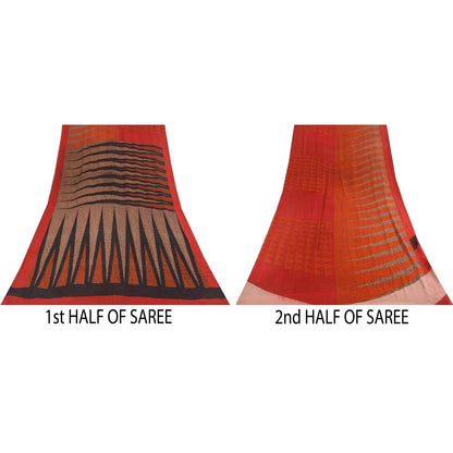 Sanskriti Vintage Sarees Red & Orange Pure Georgette Silk Print Sari 6yd Fabric