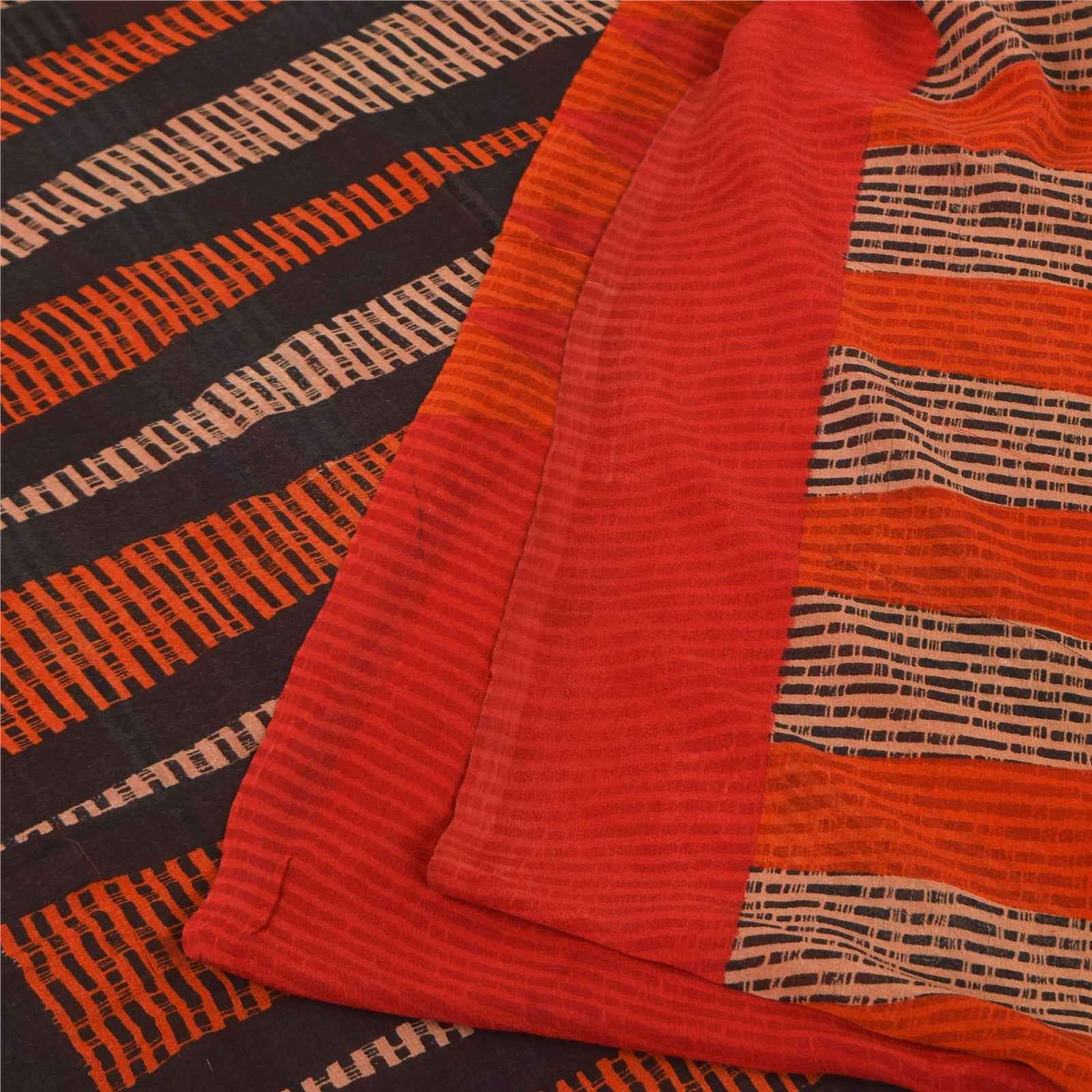 Sanskriti Vintage Sarees Red & Orange Pure Georgette Silk Print Sari 6yd Fabric