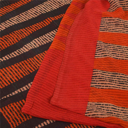 Sanskriti Vintage Sarees Red & Orange Pure Georgette Silk Print Sari 6yd Fabric