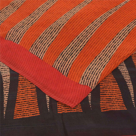 Sanskriti Vintage Sarees Red & Orange Pure Georgette Silk Print Sari 6yd Fabric