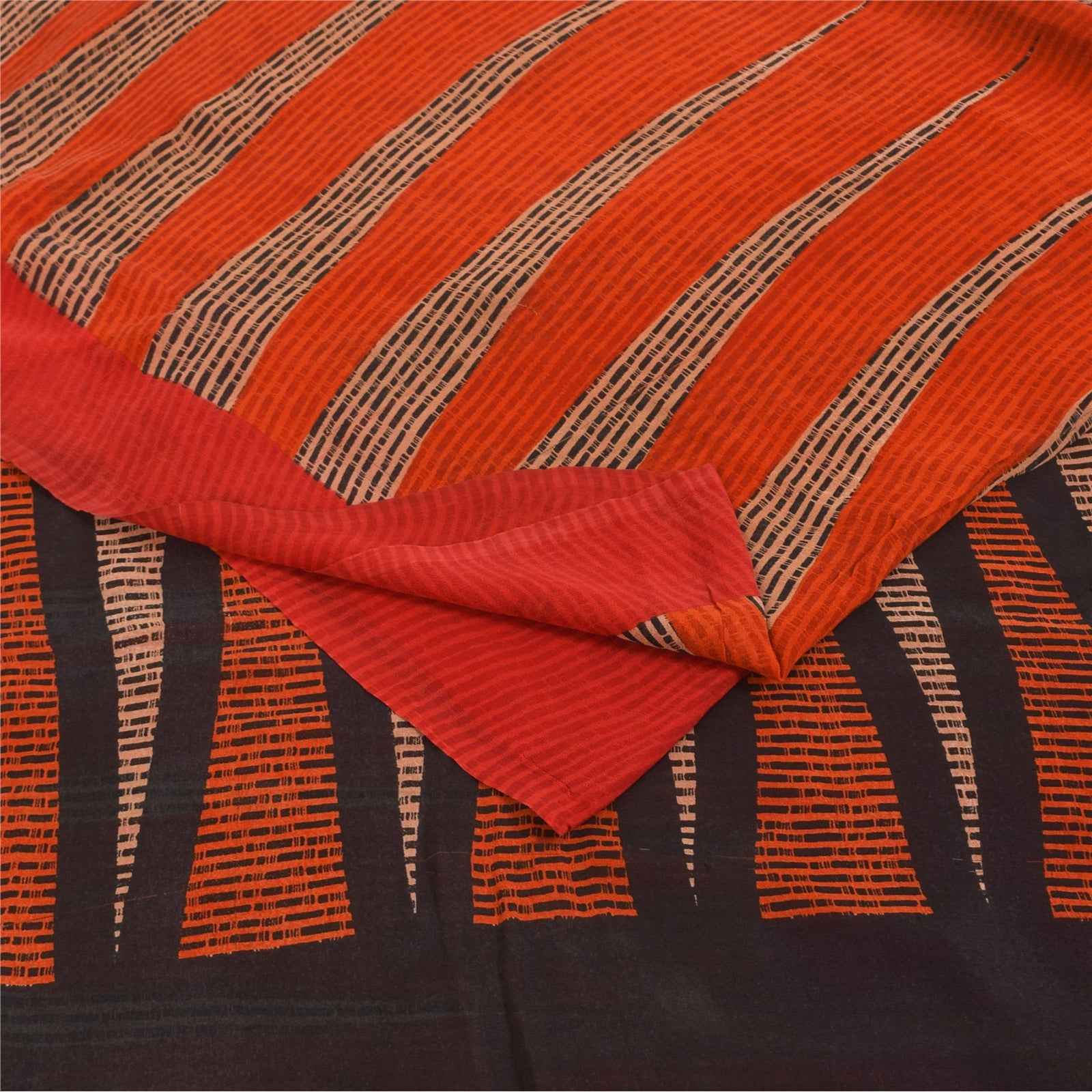 Sanskriti Vintage Sarees Red & Orange Pure Georgette Silk Print Sari 6yd Fabric