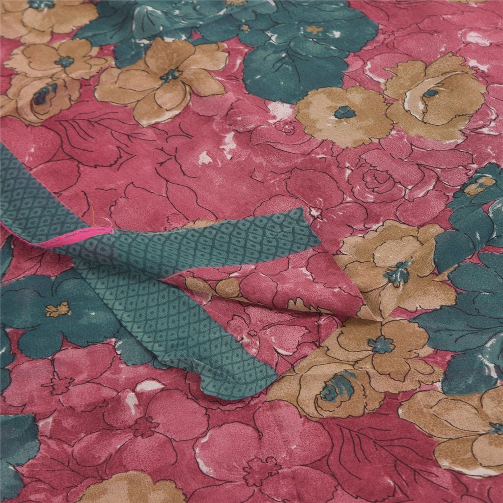 Санскрити Винтаж Сари Розовый Чистый Жоржет Шелк Напечатанный Сари 5+ ярдов Ремесленная Экологичная Ткань