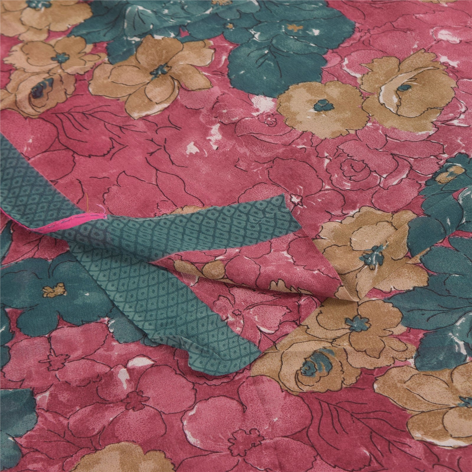 Sanskriti Vintage Sarier i lyserødt, rent georgette-silketryk, 5+ yards, bæredygtigt håndværksstof