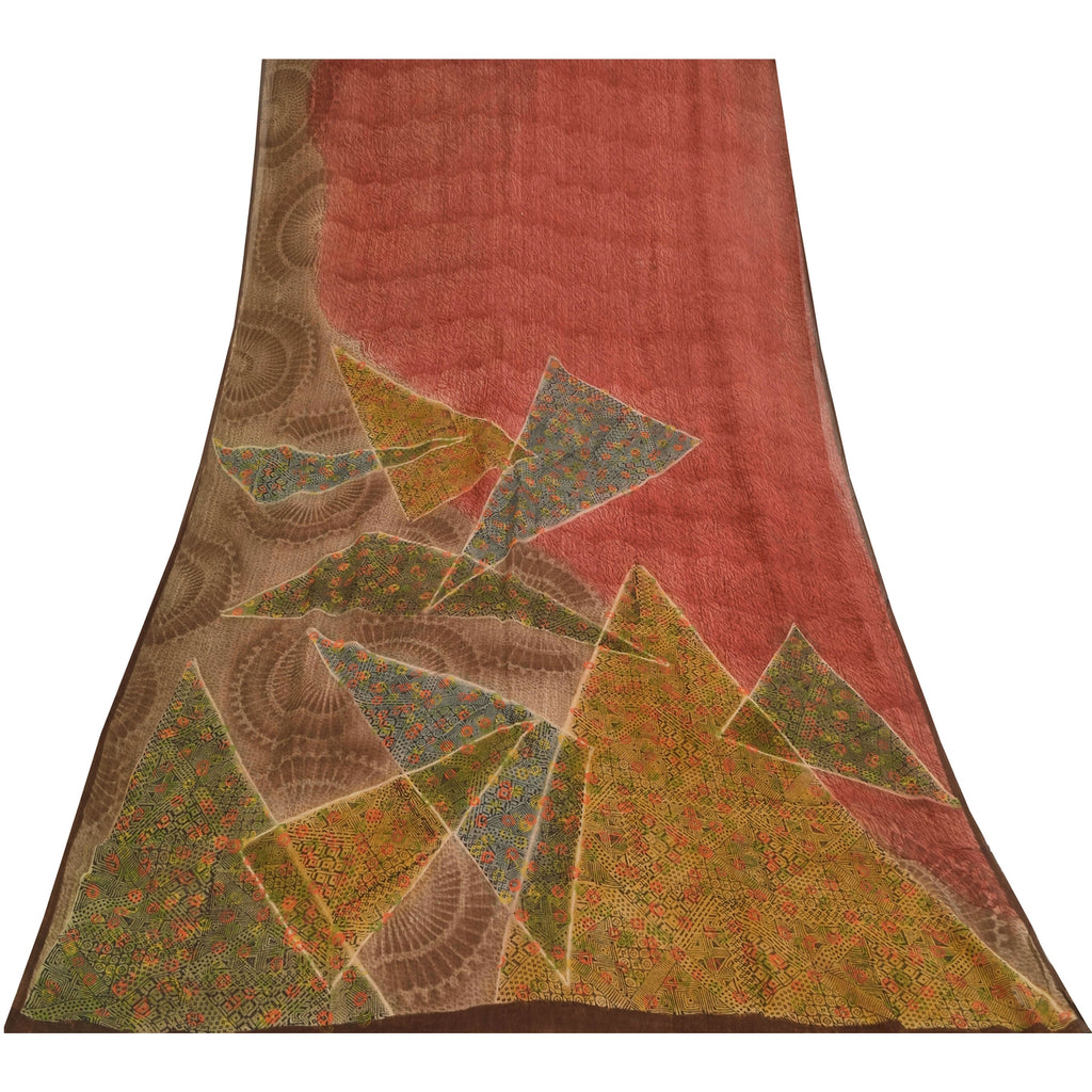 Sanskriti Vintage Sarees Red Pure Georgette Silk Printed Sari 6yd Craft Sustainable Fabric