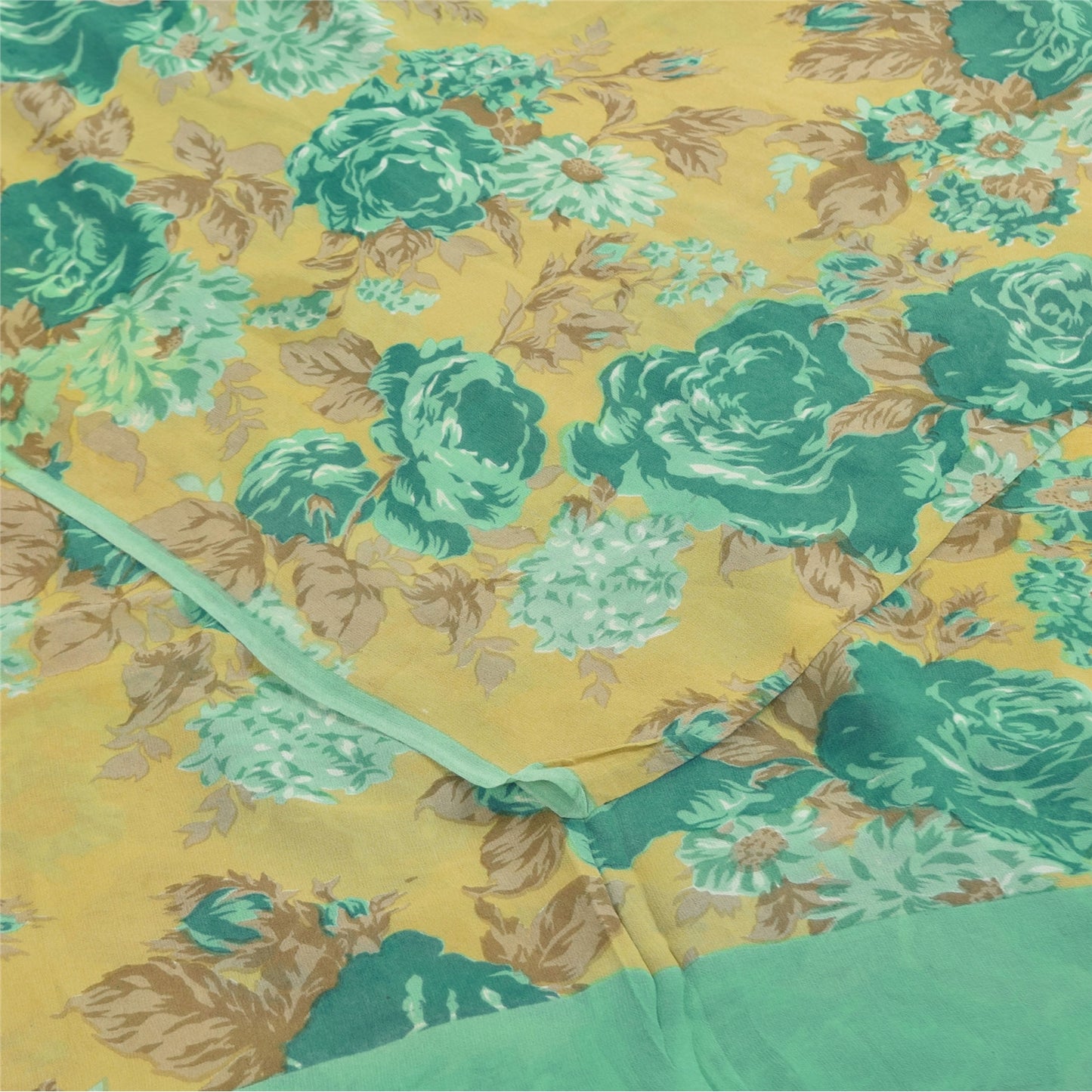 Sanskriti Vintage Sarees Cream & Green Pure Georgette Printed Sari 5+yd Fabric