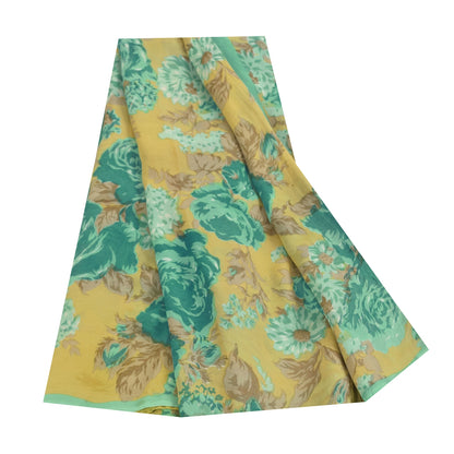 Sanskriti Vintage Sarees Cream & Green Pure Georgette Printed Sari 5+yd Fabric