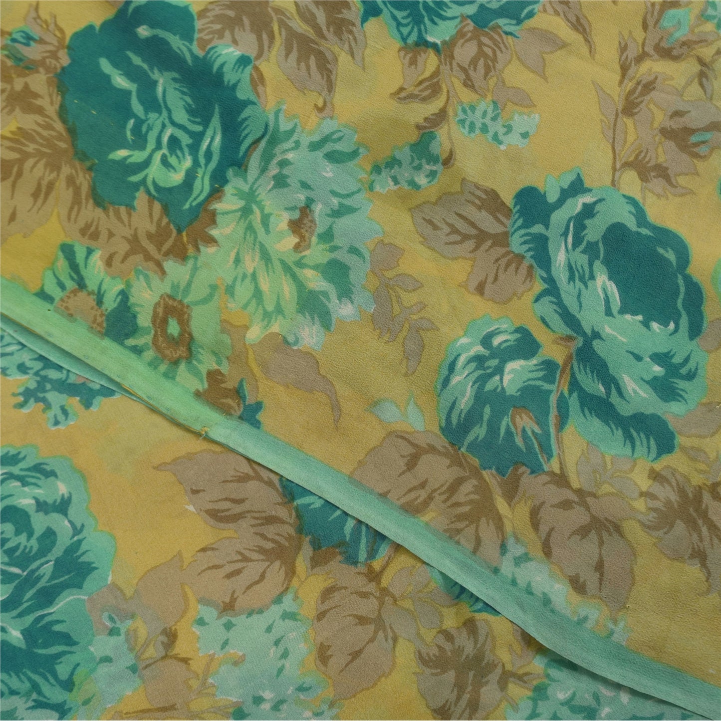 Sanskriti Vintage Sarees Cream & Green Pure Georgette Printed Sari 5+yd Fabric