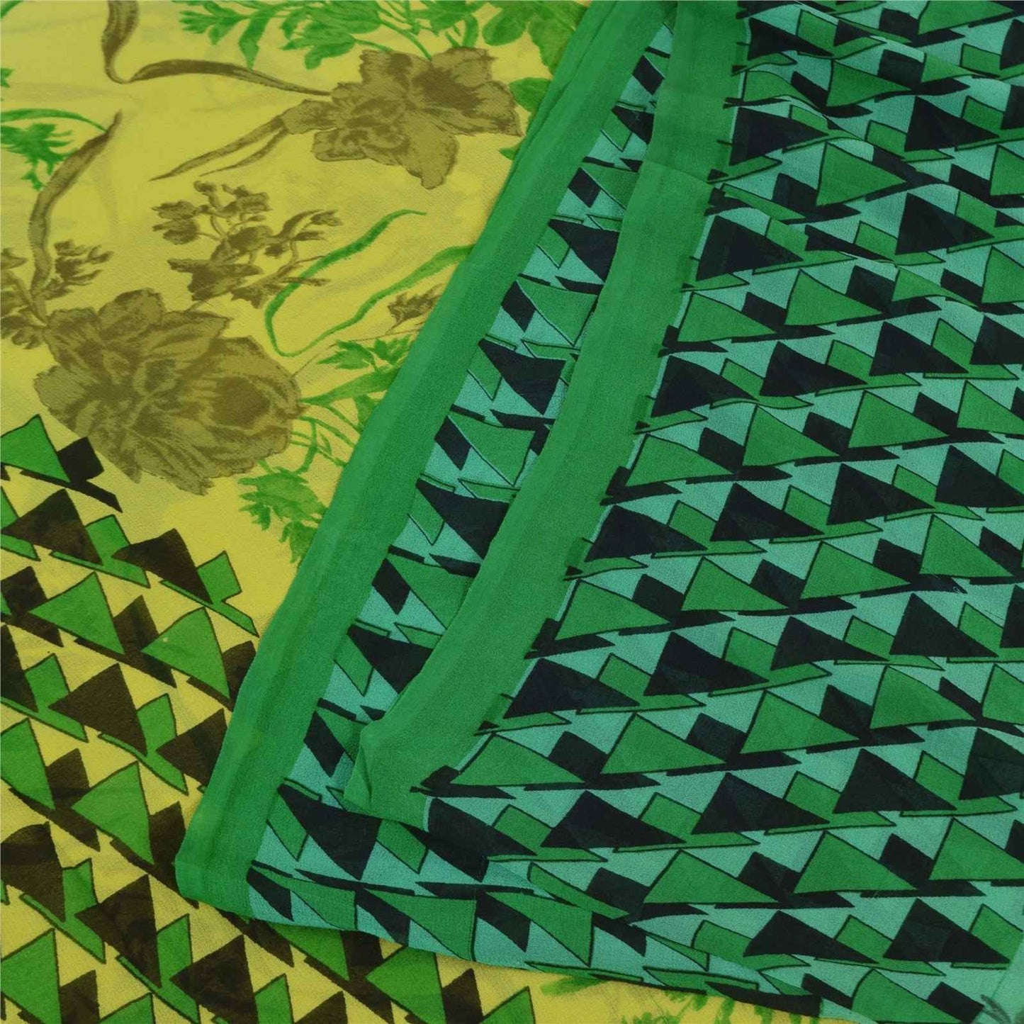 Sanskriti Vintage Sarees Green Pure Georgette Silk Print Sari 5+yd Craft Fabric