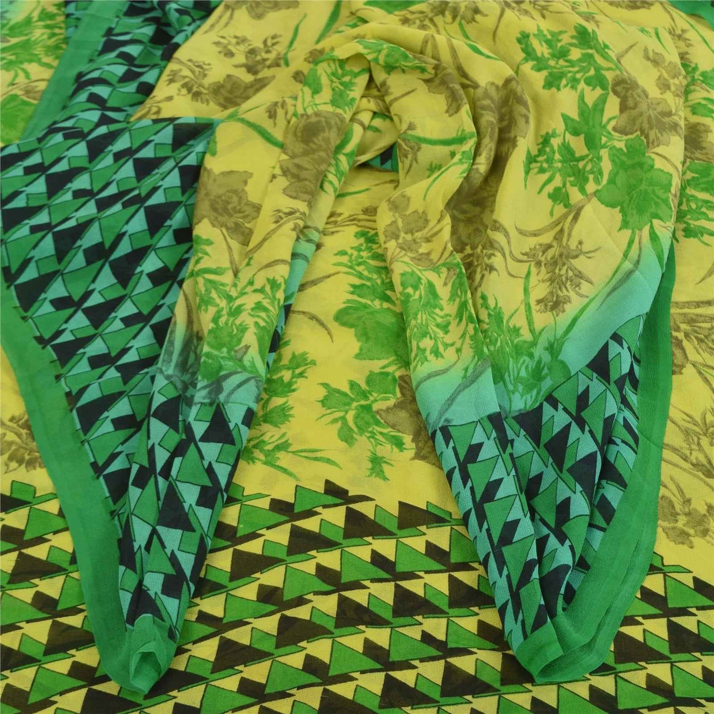 Sanskriti Vintage Sarees Green Pure Georgette Silk Print Sari 5+yd Craft Fabric