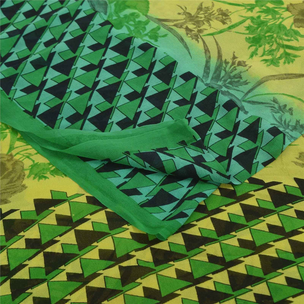 Sanskriti Vintage Sarees Green Pure Georgette Silk Print Sari 5+yd Craft Fabric