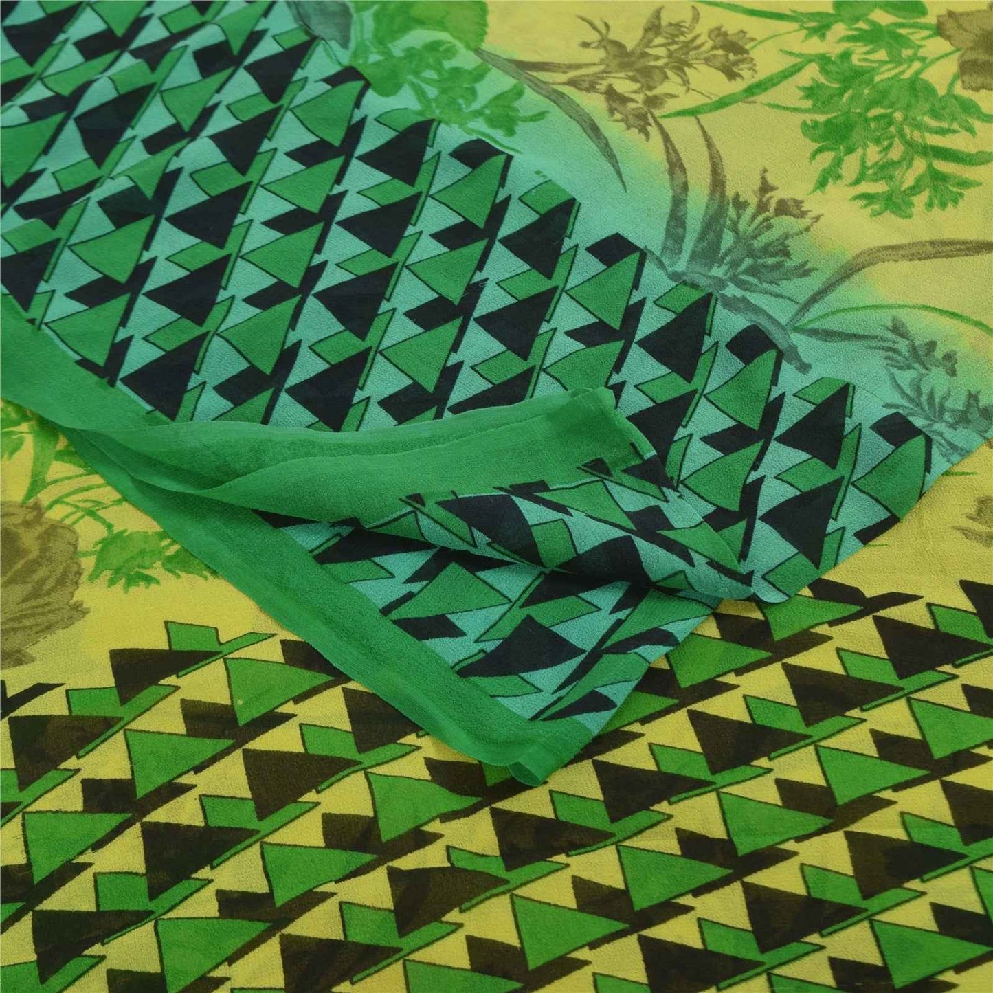 Sanskriti Vintage Sarees Green Pure Georgette Silk Print Sari 5+yd Craft Fabric