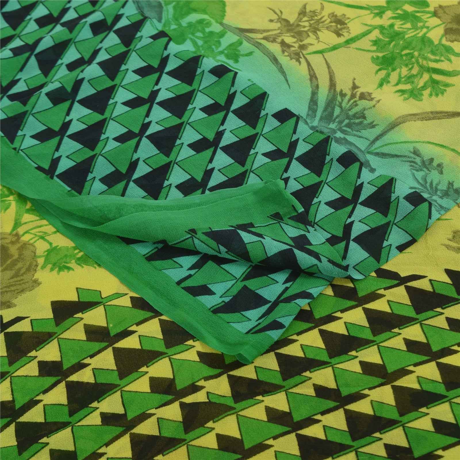 Sanskriti Vintage Sarees Green Pure Georgette Silk Print Sari 5+yd Craft Fabric