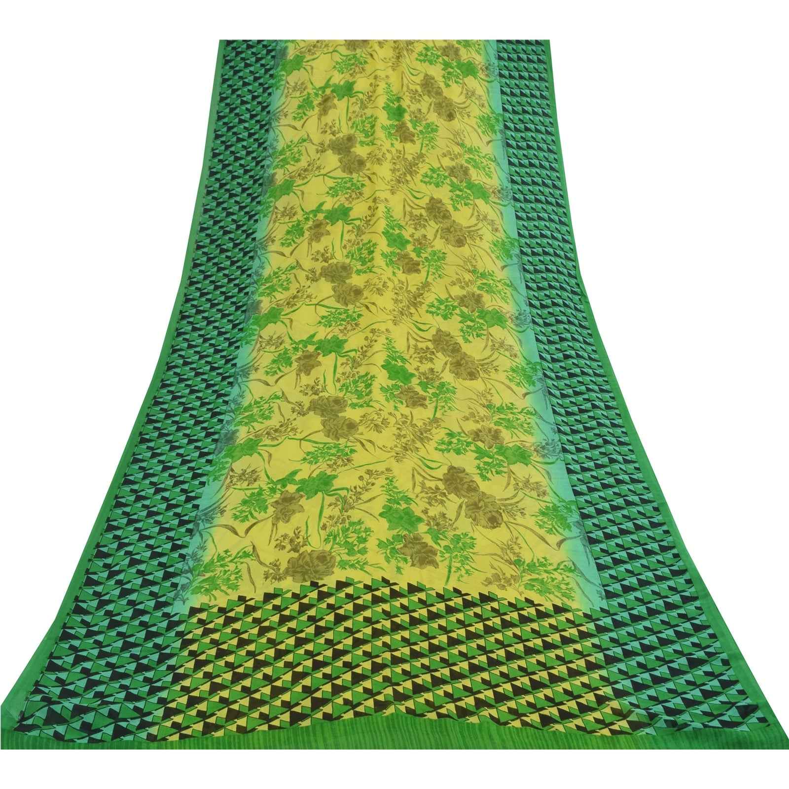 Sanskriti Vintage Sarees Green Pure Georgette Silk Print Sari 5+yd Craft Fabric