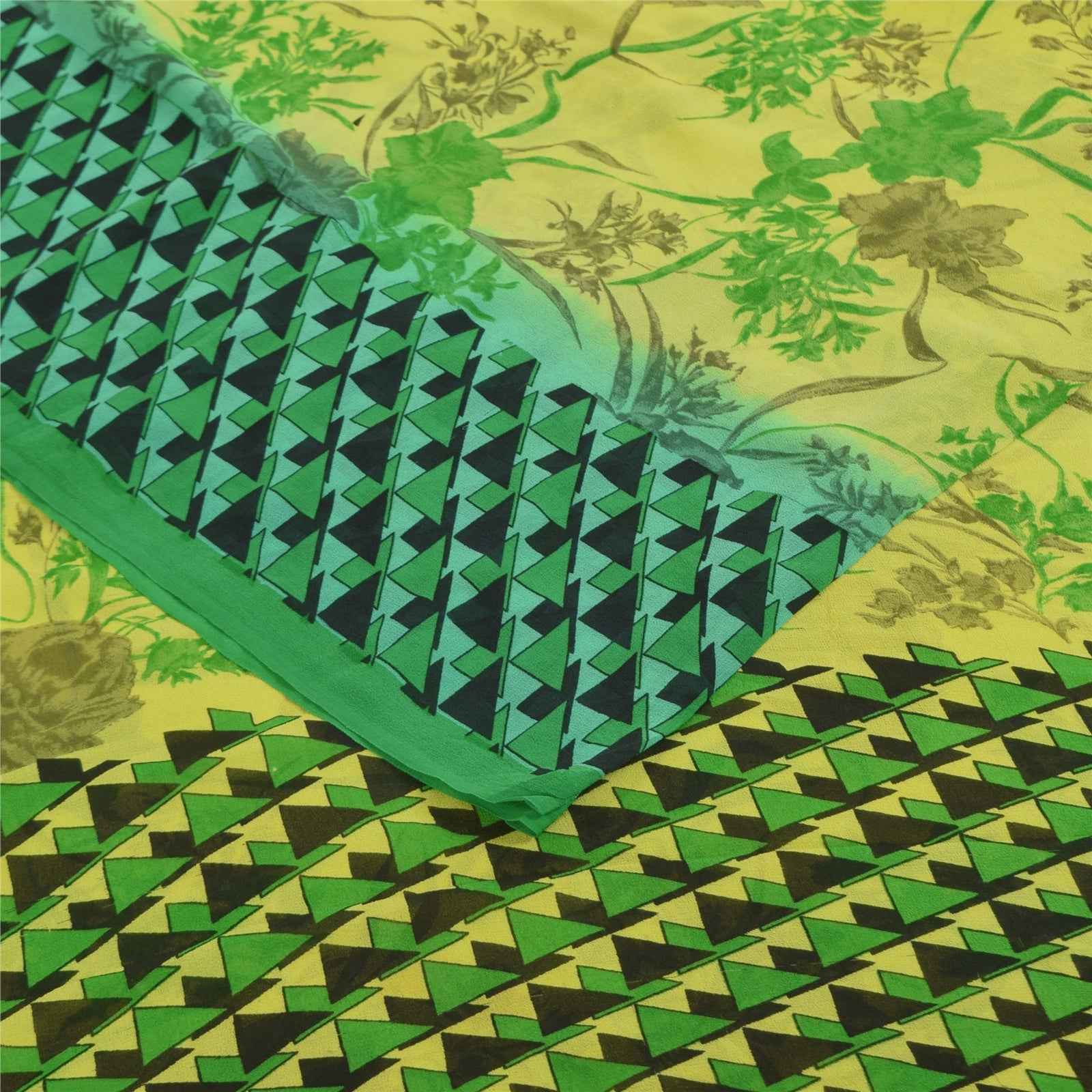 Sanskriti Vintage Sarees Green Pure Georgette Silk Print Sari 5+yd Craft Fabric