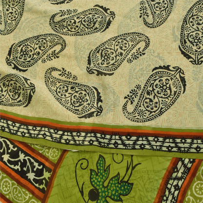 Sanskriti Vintage Sarees Cream & Green Pure Georgette Printed Sari 5+yd Sustainable Fabric