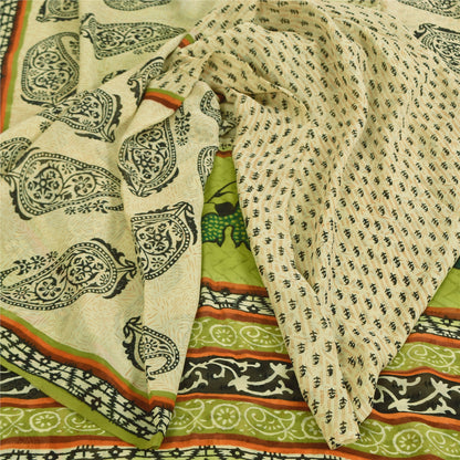 Sanskriti Vintage Sarees Cream & Green Pure Georgette Printed Sari 5+yd Sustainable Fabric