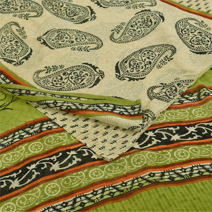 Sanskriti Vintage Sarees Cream & Green Pure Georgette Printed Sari 5+yd Sustainable Fabric