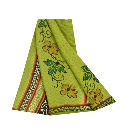 Sanskriti Vintage Sarees Cream & Green Pure Georgette Printed Sari 5+yd Sustainable Fabric