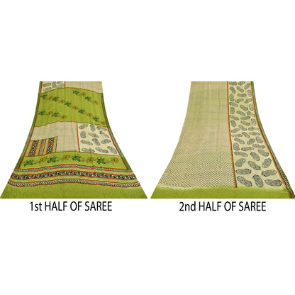 Sanskriti Vintage Sarees Cream & Green Pure Georgette Printed Sari 5+yd Sustainable Fabric