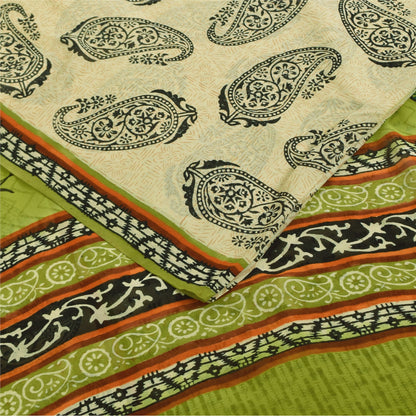 Sanskriti Vintage Sarees Cream & Green Pure Georgette Printed Sari 5+yd Sustainable Fabric