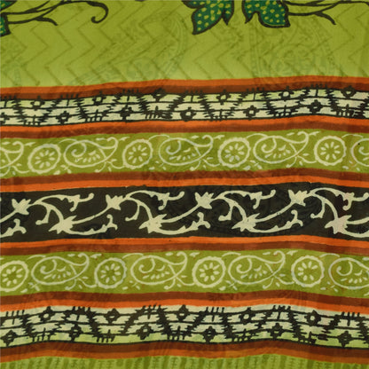 Sanskriti Vintage Sarees Cream & Green Pure Georgette Printed Sari 5+yd Sustainable Fabric
