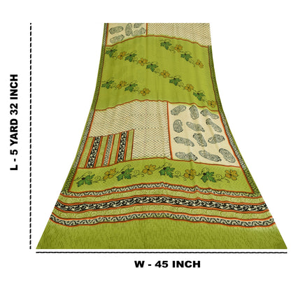 Sanskriti Vintage Sarees Cream & Green Pure Georgette Printed Sari 5+yd Sustainable Fabric
