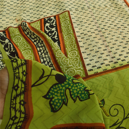 Sanskriti Vintage Sarees Cream & Green Pure Georgette Printed Sari 5+yd Sustainable Fabric