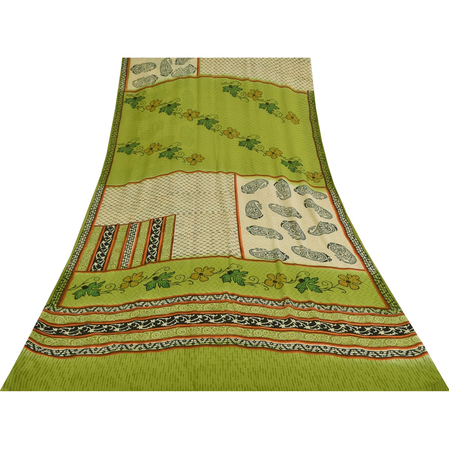 Sanskriti Vintage Sarees Cream & Green Pure Georgette Printed Sari 5+yd Sustainable Fabric