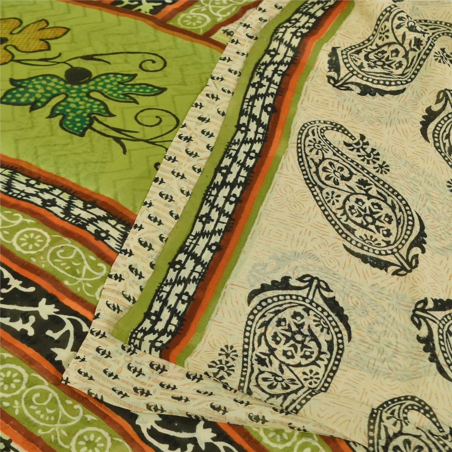 Sanskriti Vintage Sarees Cream & Green Pure Georgette Printed Sari 5+yd Sustainable Fabric