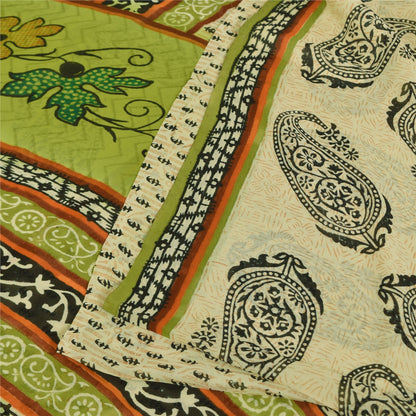 Sanskriti Vintage Sarees Cream & Green Pure Georgette Printed Sari 5+yd Sustainable Fabric