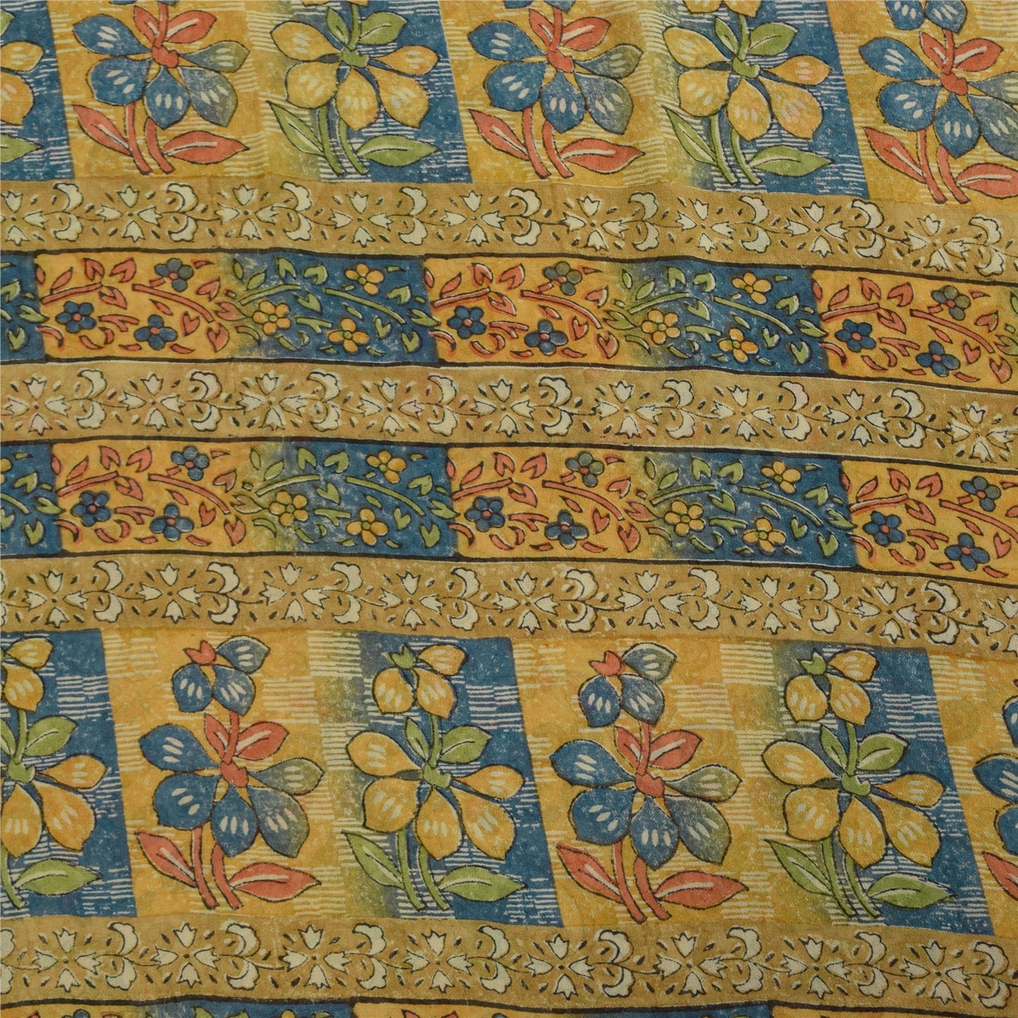 Sanskriti Vintage Sarees Ivory Pure Georgette Silk Print Sari 5+yd Craft Sustainable Fabric