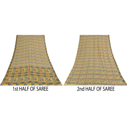 Sanskriti Vintage Sarees Ivory Pure Georgette Silk Print Sari 5+yd Craft Sustainable Fabric