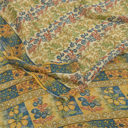 Sanskriti Vintage Sarees Ivory Pure Georgette Silk Print Sari 5+yd Craft Sustainable Fabric