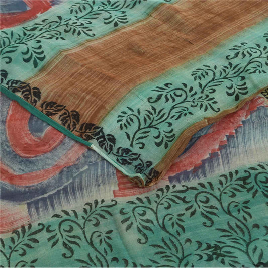 Sanskriti Vintage Sarees Green & Brown Pure Georgette Printed Sari 5+yd Fabric