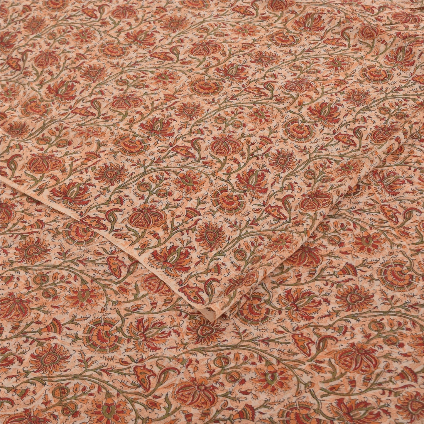 Sanskriti Vintage Sarees Ivory Pure Georgette Silk Print Sari 5+yd Craft Sustainable Fabric
