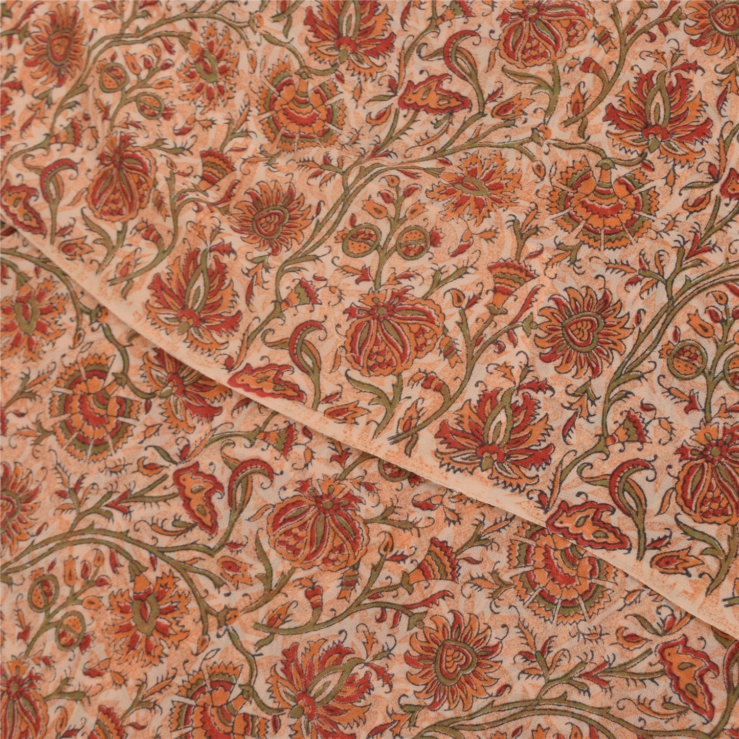 Sanskriti Vintage Sarees Ivory Pure Georgette Silk Print Sari 5+yd Craft Sustainable Fabric