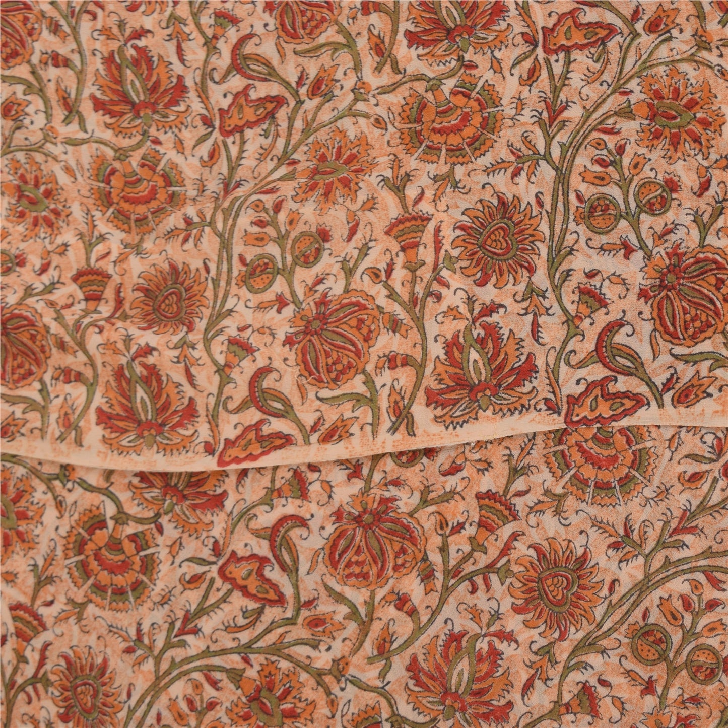 Sanskriti Vintage Sarees Ivory Pure Georgette Silk Print Sari 5+yd Craft Sustainable Fabric