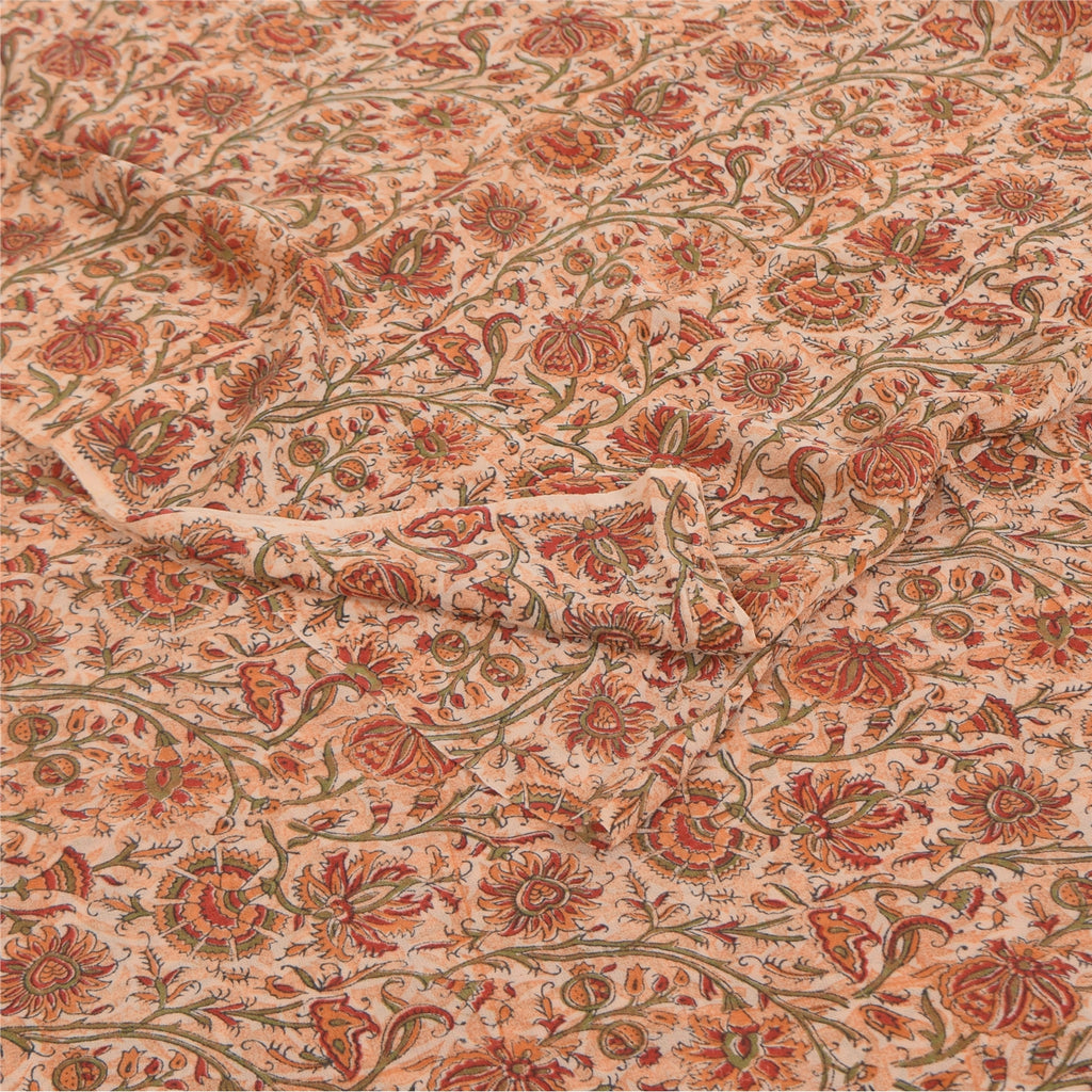 Sanskriti Vintage Sarees Ivory Pure Georgette Silk Print Sari 5+yd Craft Sustainable Fabric