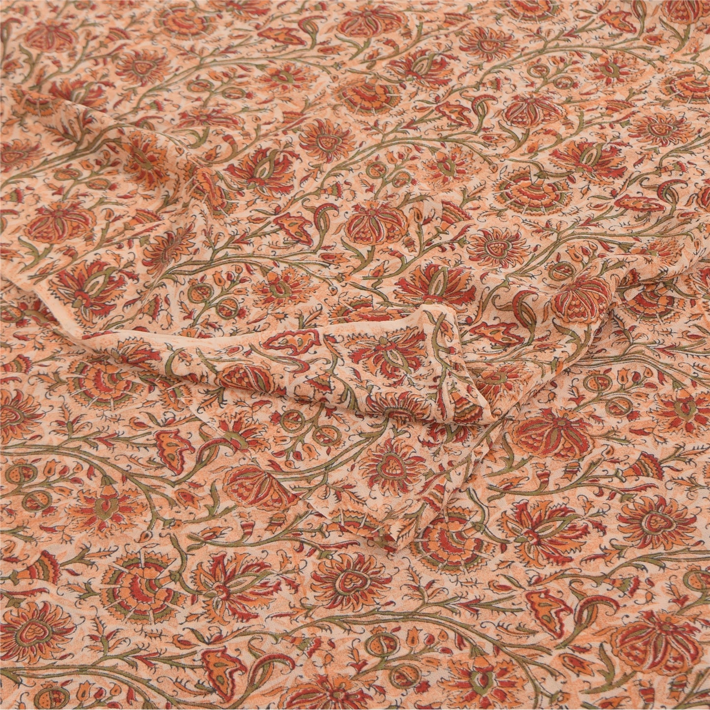Sanskriti Vintage Sarees Ivory Pure Georgette Silk Print Sari 5+yd Craft Sustainable Fabric