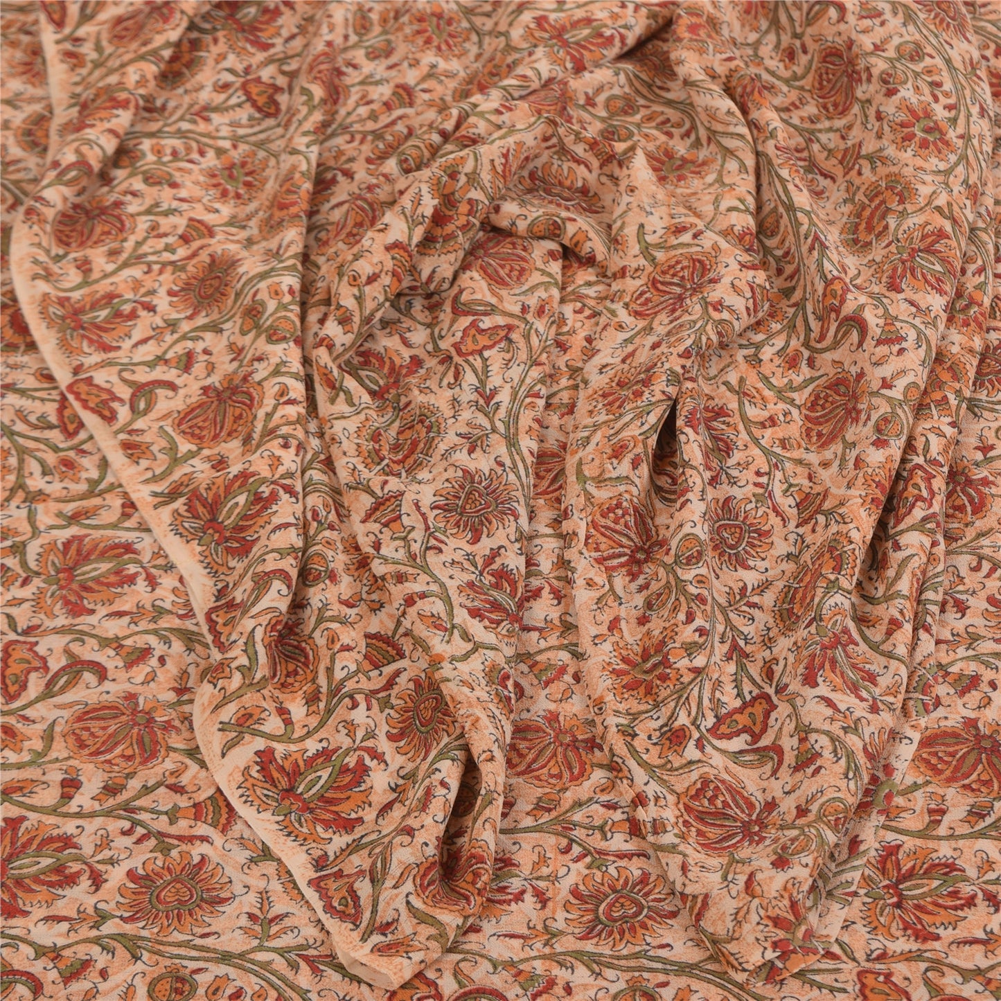 Sanskriti Vintage Sarees Ivory Pure Georgette Silk Print Sari 5+yd Craft Sustainable Fabric