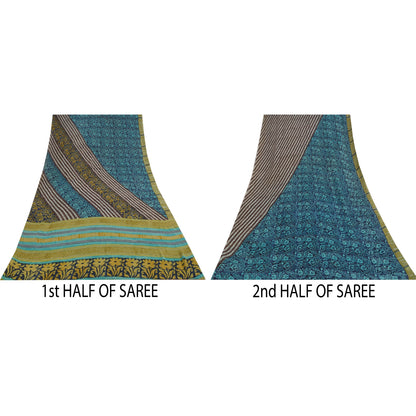 Sanskriti Vintage Sarees Blue Pure Georgette Hand Block Printed Sari 5+yd Sustainable Fabric