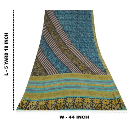Sanskriti Vintage Sarees Blue Pure Georgette Hand Block Printed Sari 5+yd Sustainable Fabric