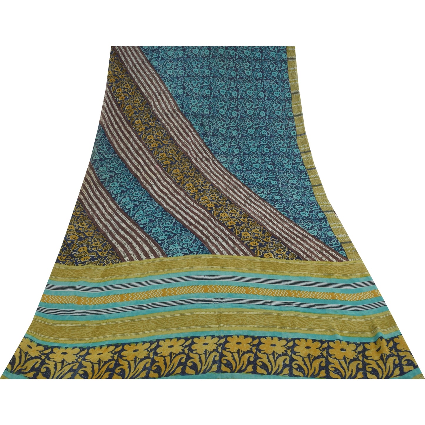 Sanskriti Vintage Sarees Blue Pure Georgette Hand Block Printed Sari 5+yd Sustainable Fabric