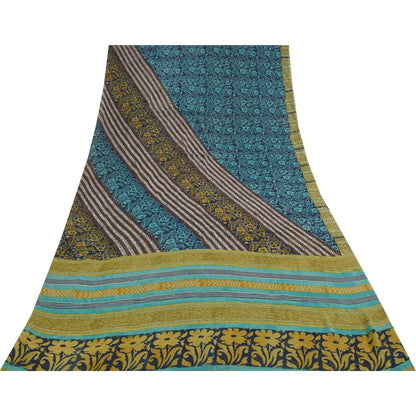 Sanskriti Vintage Sarees Blue Pure Georgette Hand Block Printed Sari 5+yd Sustainable Fabric
