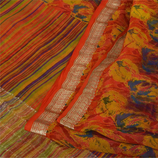 Sanskriti Vintage Sarees Orange Pure Georgette Zari Work Dye Printed Sari Fabric