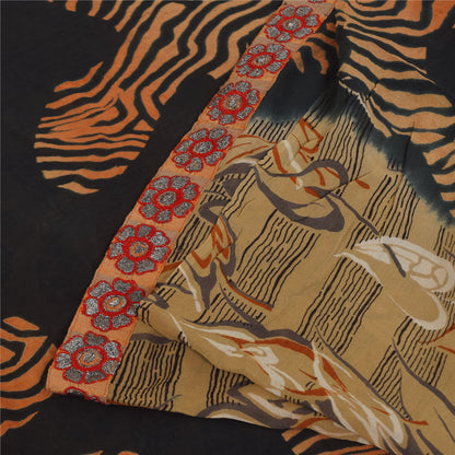 Sanskriti Vintage Sarees Cream & Black Pure Georgette Printed Sari 5+yd Sustainable Fabric