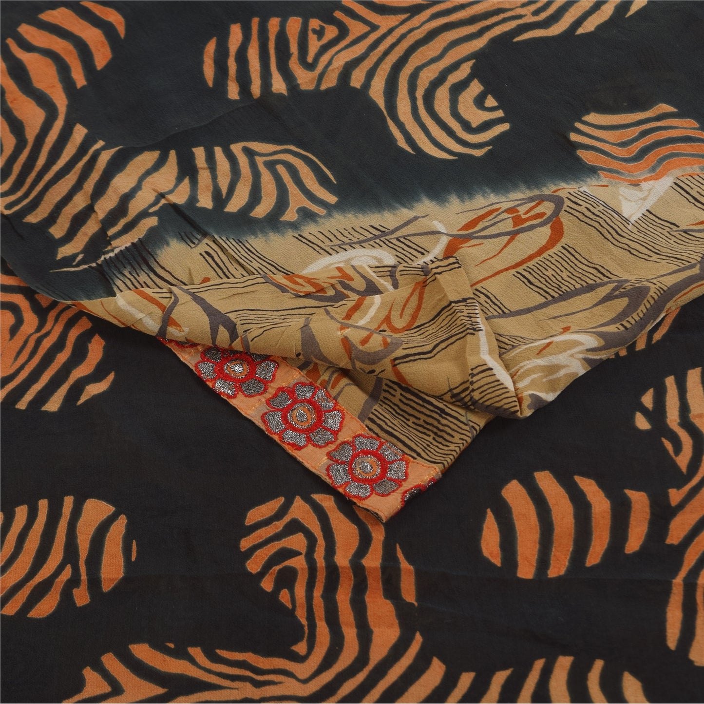 Sanskriti Vintage Sarees Cream & Black Pure Georgette Printed Sari 5+yd Sustainable Fabric