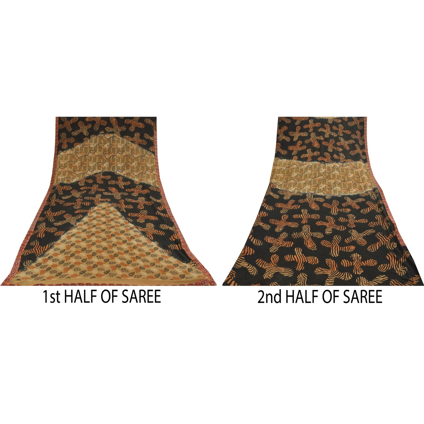 Sanskriti Vintage Sarees Cream & Black Pure Georgette Printed Sari 5+yd Sustainable Fabric