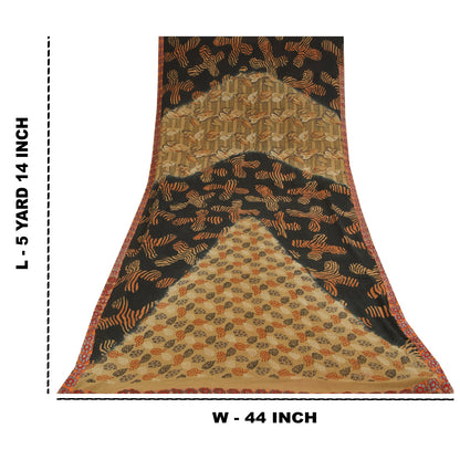 Sanskriti Vintage Sarees Cream & Black Pure Georgette Printed Sari 5+yd Sustainable Fabric